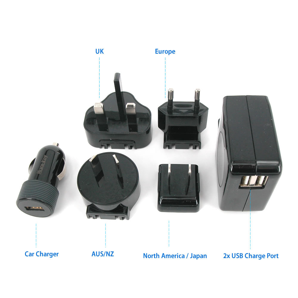 Set of travel adapters and chargers with labeled ports on a white background