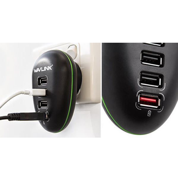 Black USB hub with multiple ports on a white background, featuring the Wavlink brand.