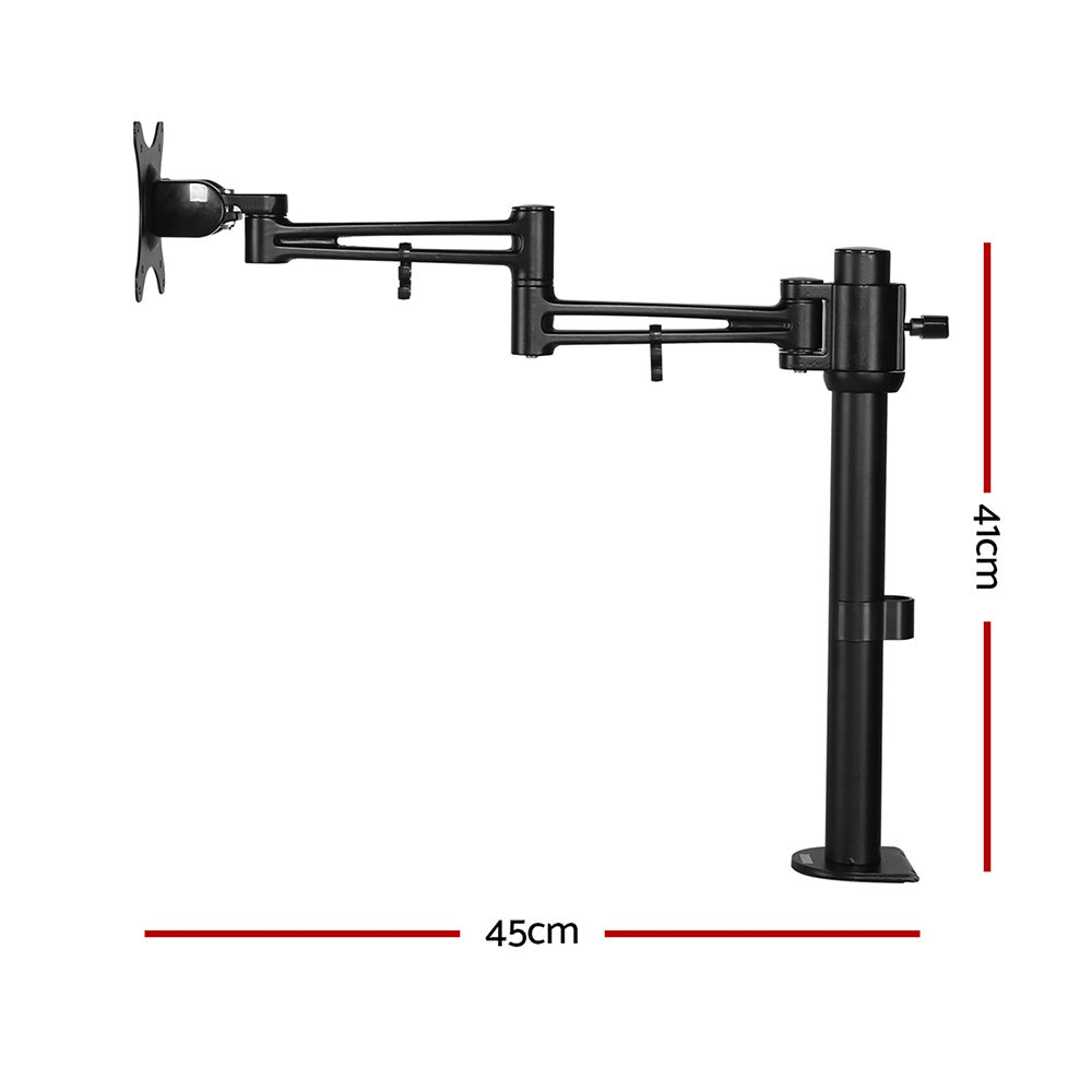 Black monitor stand with measurements on a white background