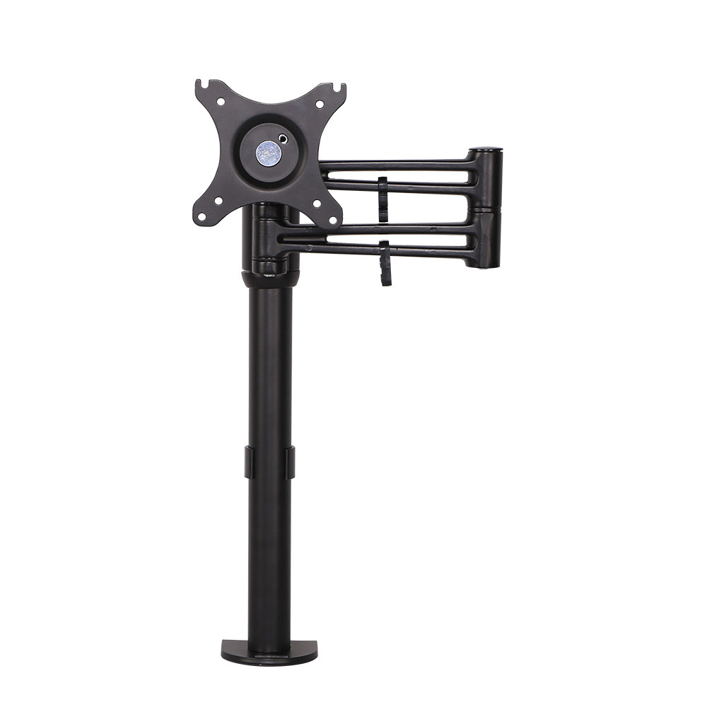 Black adjustable monitor stand on a white background