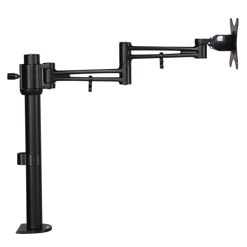 Black adjustable monitor stand on a white background