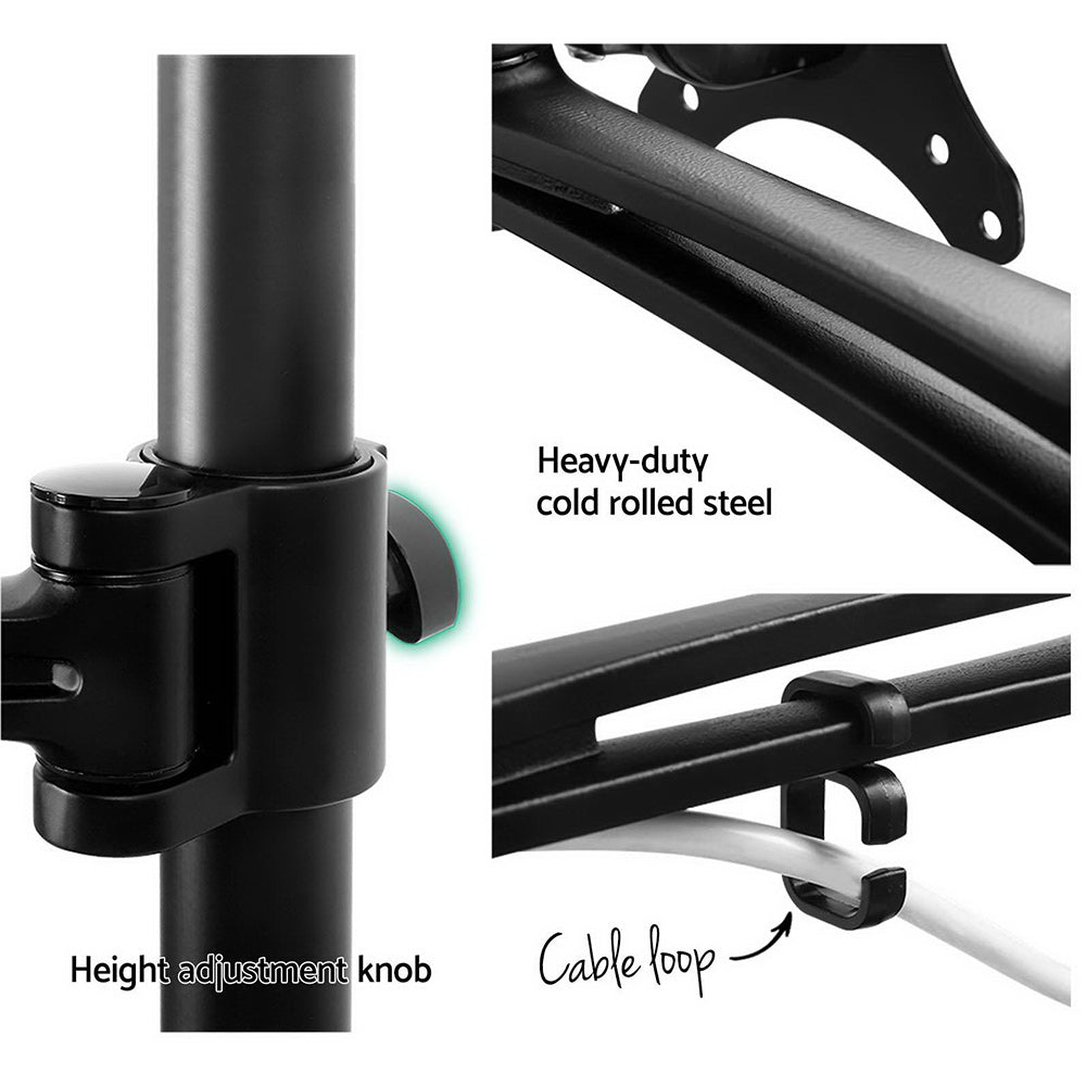 Heavy-duty metal stand with height adjustment knob and cable loop on a white background