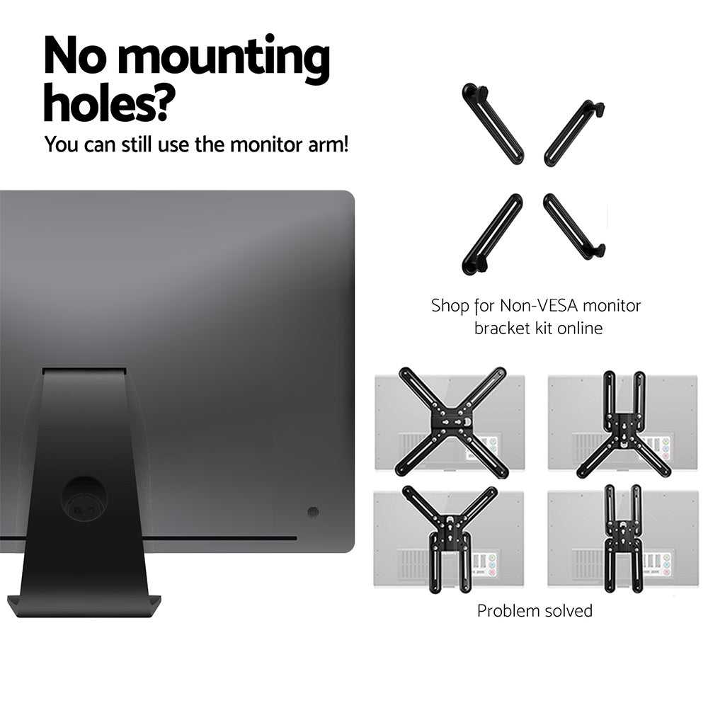 Monitor with stand and text about using monitor arm without VESA holes