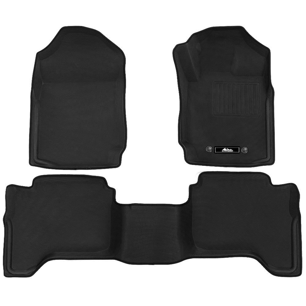 Set of black car floor mats with a brand logo on a white background