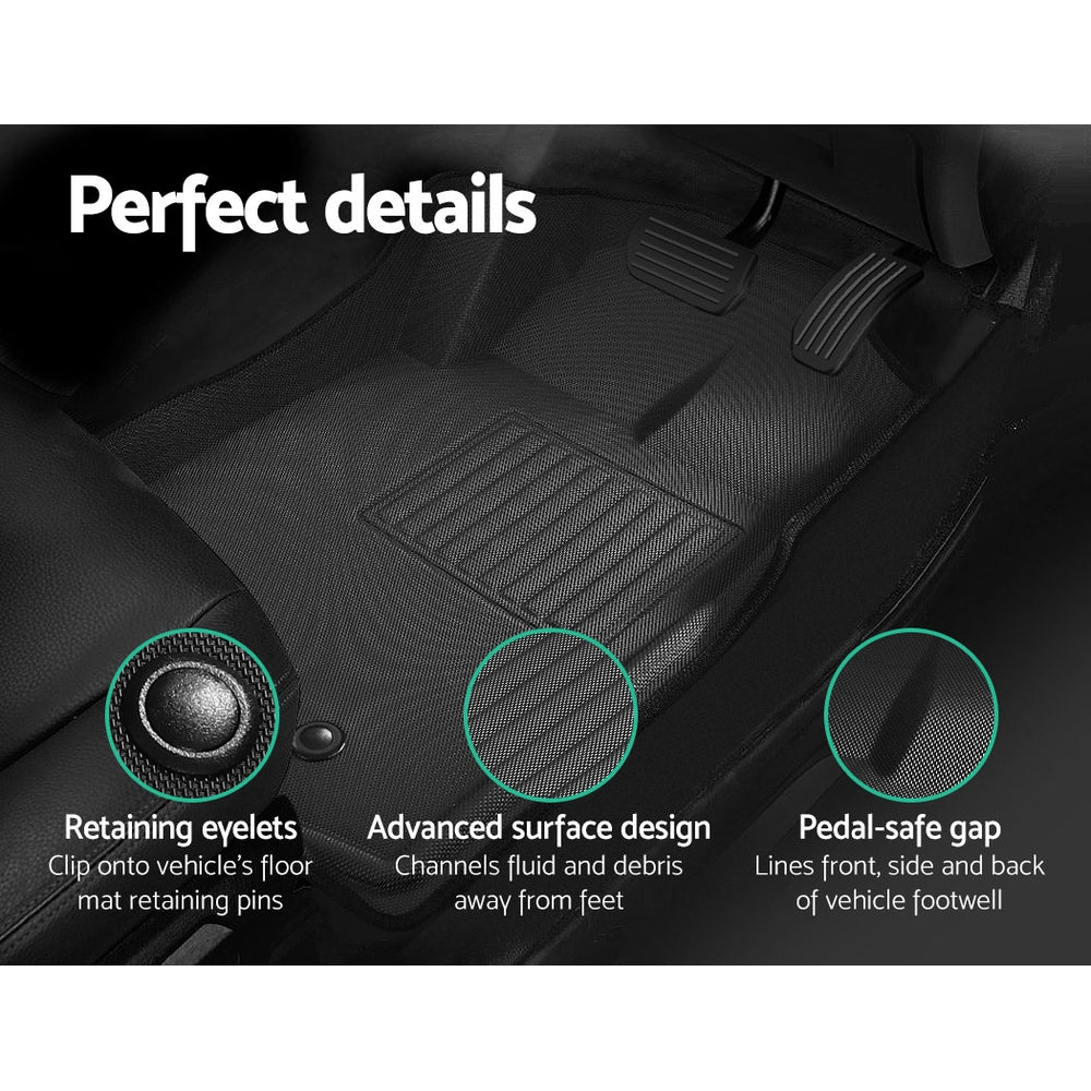 Car floor mat with features highlighted on a black background