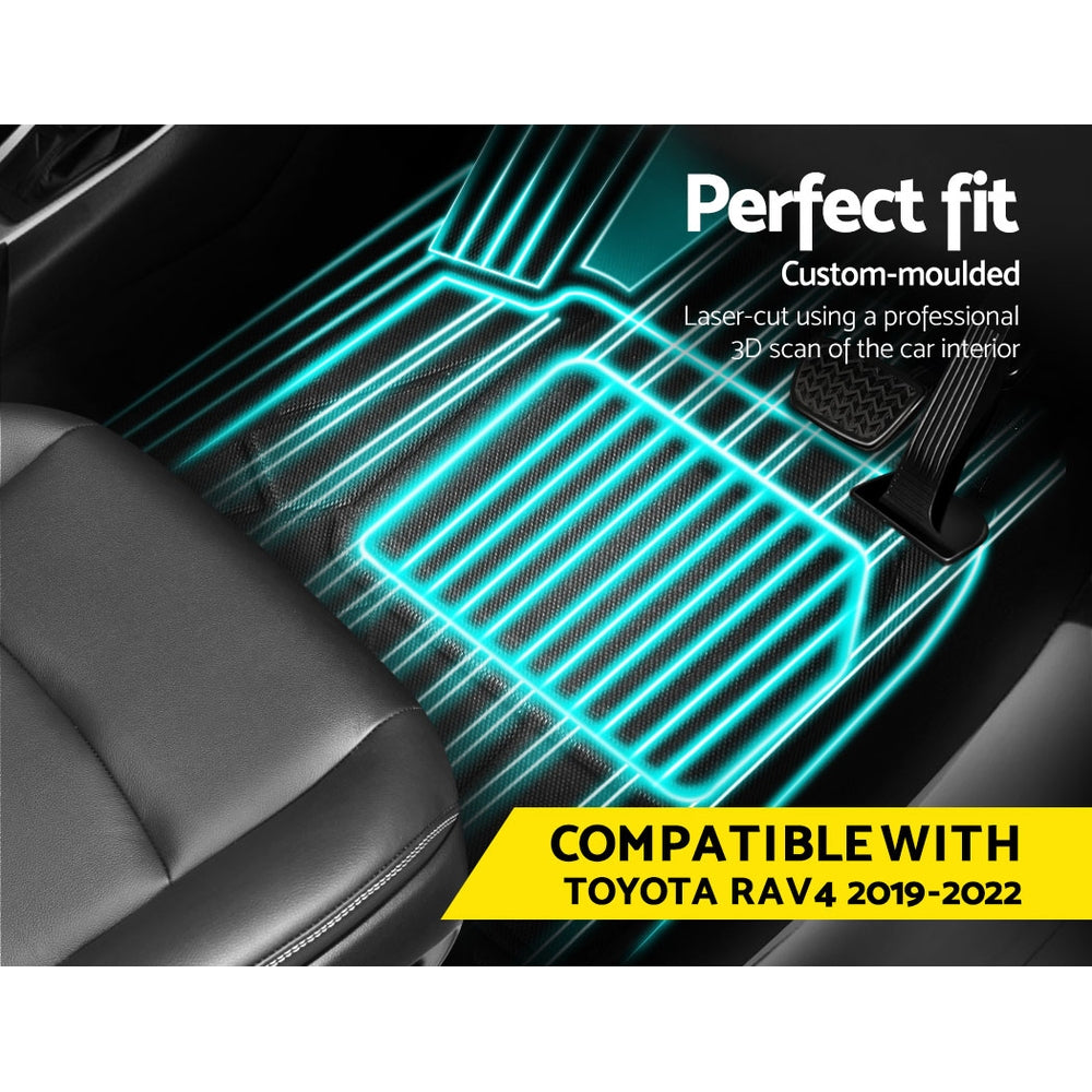 Car floor mat with laser cut design for Toyota RAV4 2019-2022, showing compatibility text.