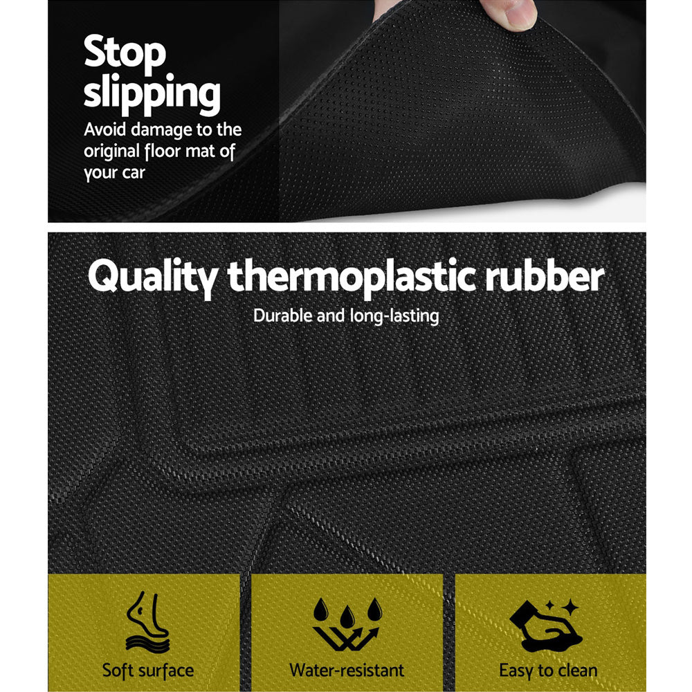 Black car mat with text highlighting features like 'Stop slipping', 'Quality thermoplastic rubber', 'Soft surface', 'Water-resistant', and 'Easy to clean'.