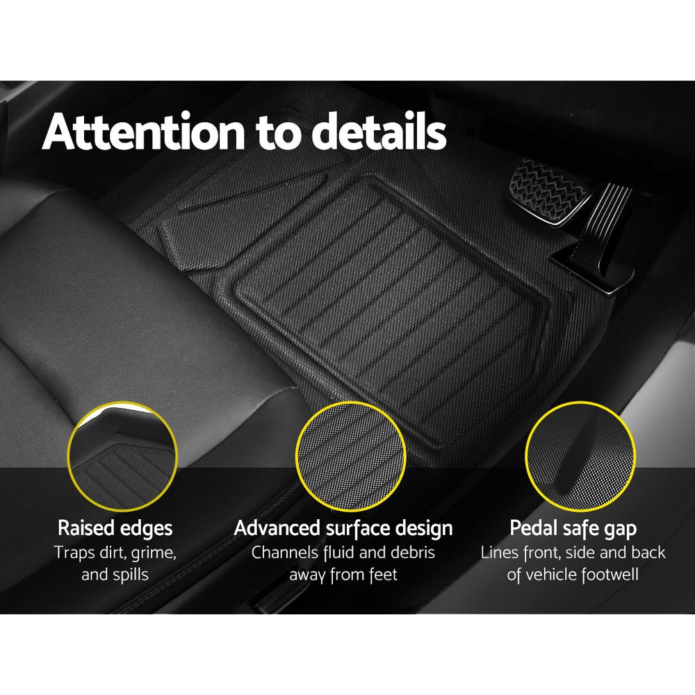 Car floor mat with features highlighted on a black background