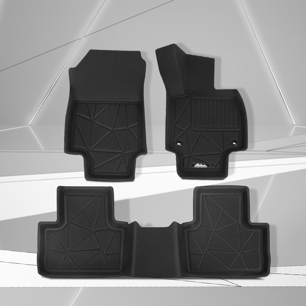 Set of black car floor mats on a geometric patterned background