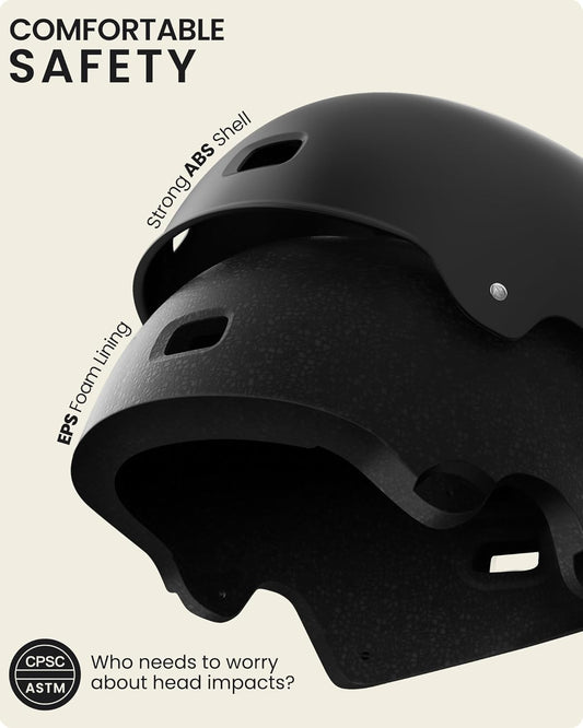 Black helmet with text highlighting safety features on a beige background