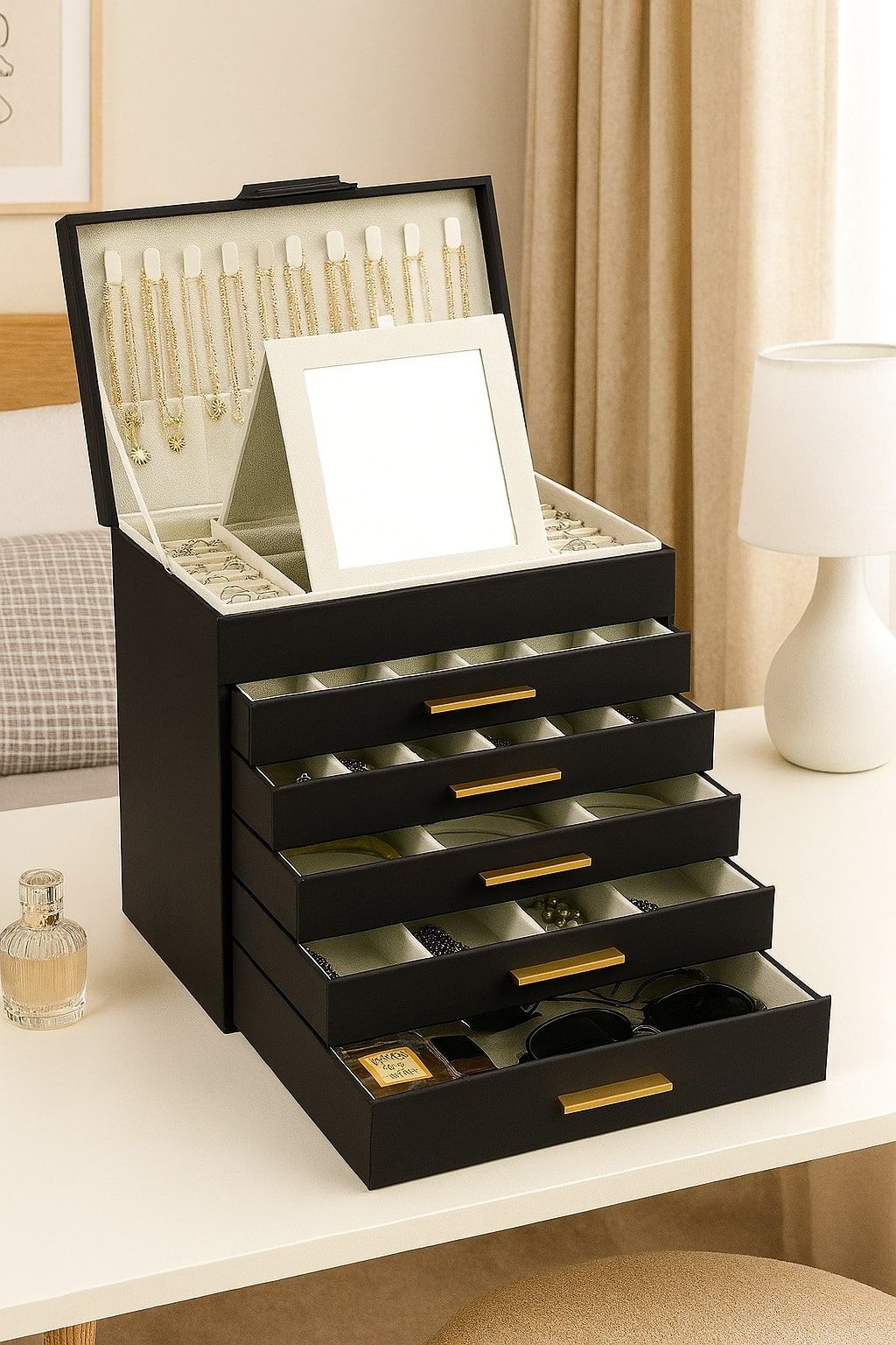 CARLA HOME 6-Layer Large Jewelry Organizer Box for Women with Mirror, Drawers, Hooks & Dividers for Rings, Necklaces, Bracelets, Ideal Gift for Women (Black)