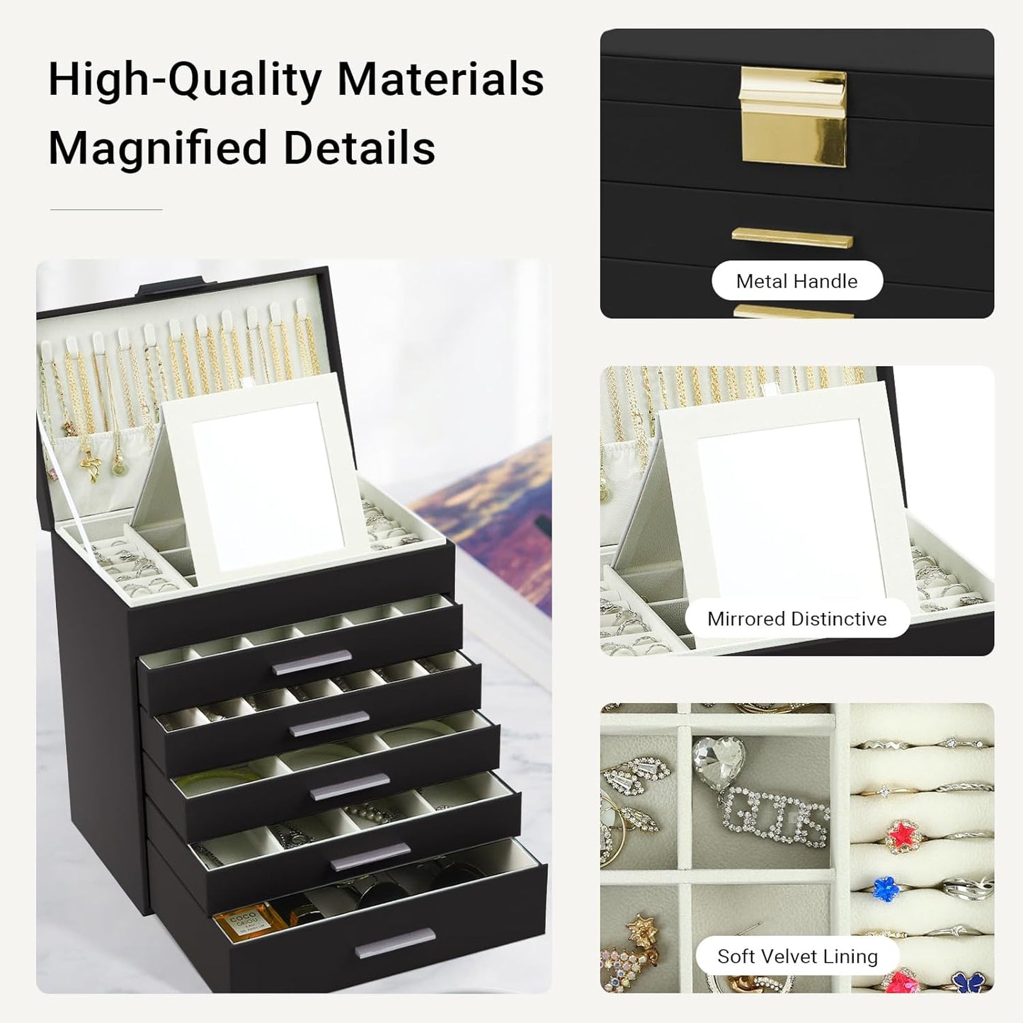 CARLA HOME 6-Layer Large Jewelry Organizer Box for Women with Mirror, Drawers, Hooks & Dividers for Rings, Necklaces, Bracelets, Ideal Gift for Women (Black)