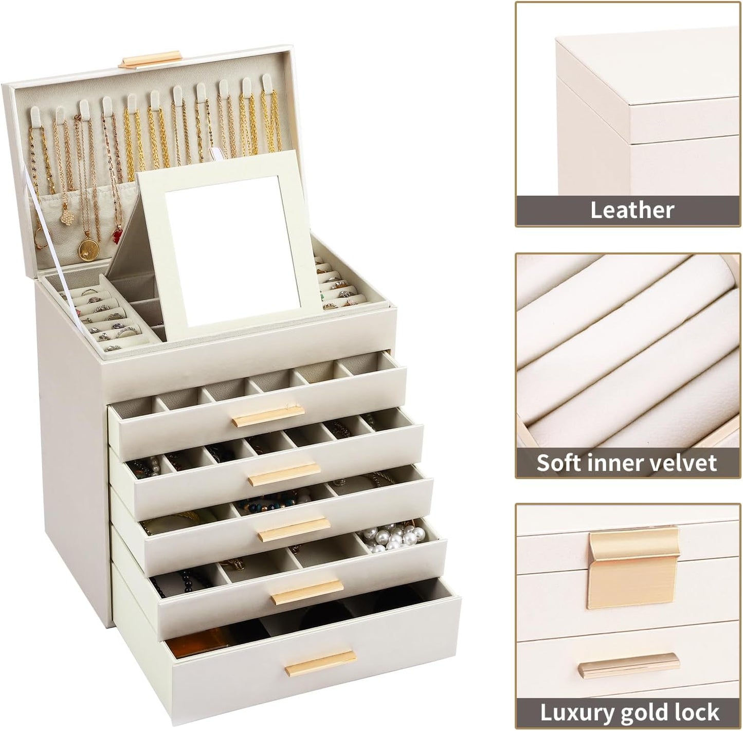 CARLA HOME 6-Layer Large Jewelry Organizer Box for Women with Mirror, Drawers, Hooks & Dividers for Rings, Necklaces, Bracelets, Ideal Gift for Women (White)