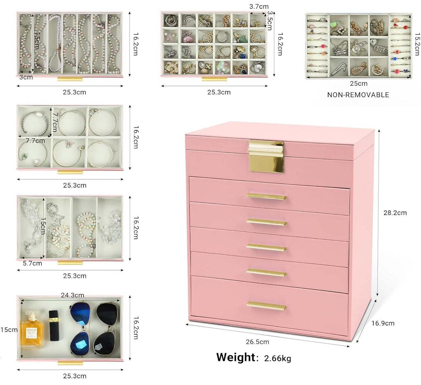 CARLA HOME 6-Layer Large Jewelry Organizer Box for Women with Mirror, Drawers, Hooks & Dividers for Rings, Necklaces, Bracelets, Ideal Gift for Women (Pink)