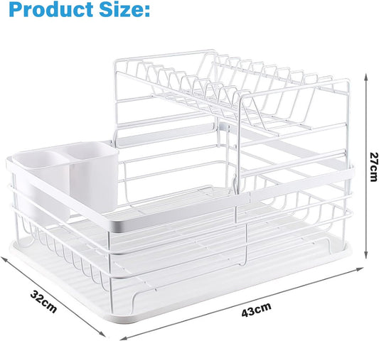 White dish drying rack with dimensions on a white background