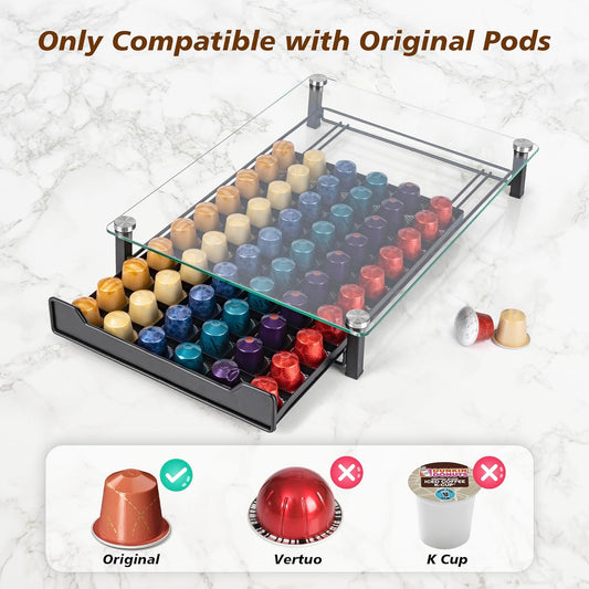 Glass display case with coffee pods, highlighting compatibility with original pods.