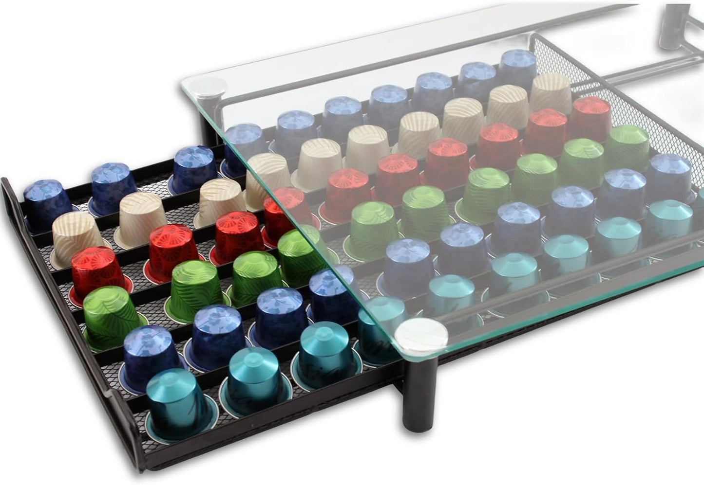 Collection of colorful coffee capsules on a transparent tray with a black base.