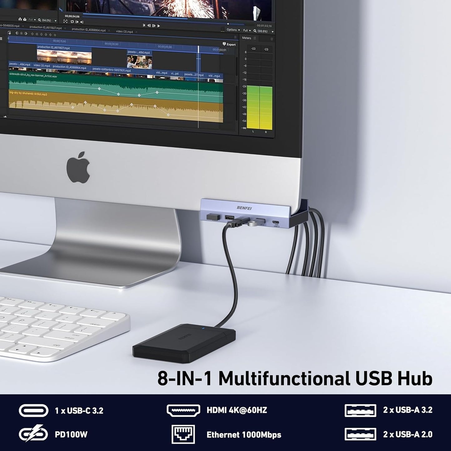 8-IN-1 Multifunctional USB Hub connected to a computer monitor on a desk.