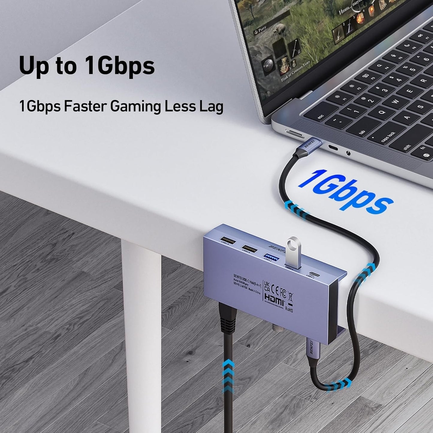 USB hub connected to a laptop with text highlighting high-speed capabilities on a desk.