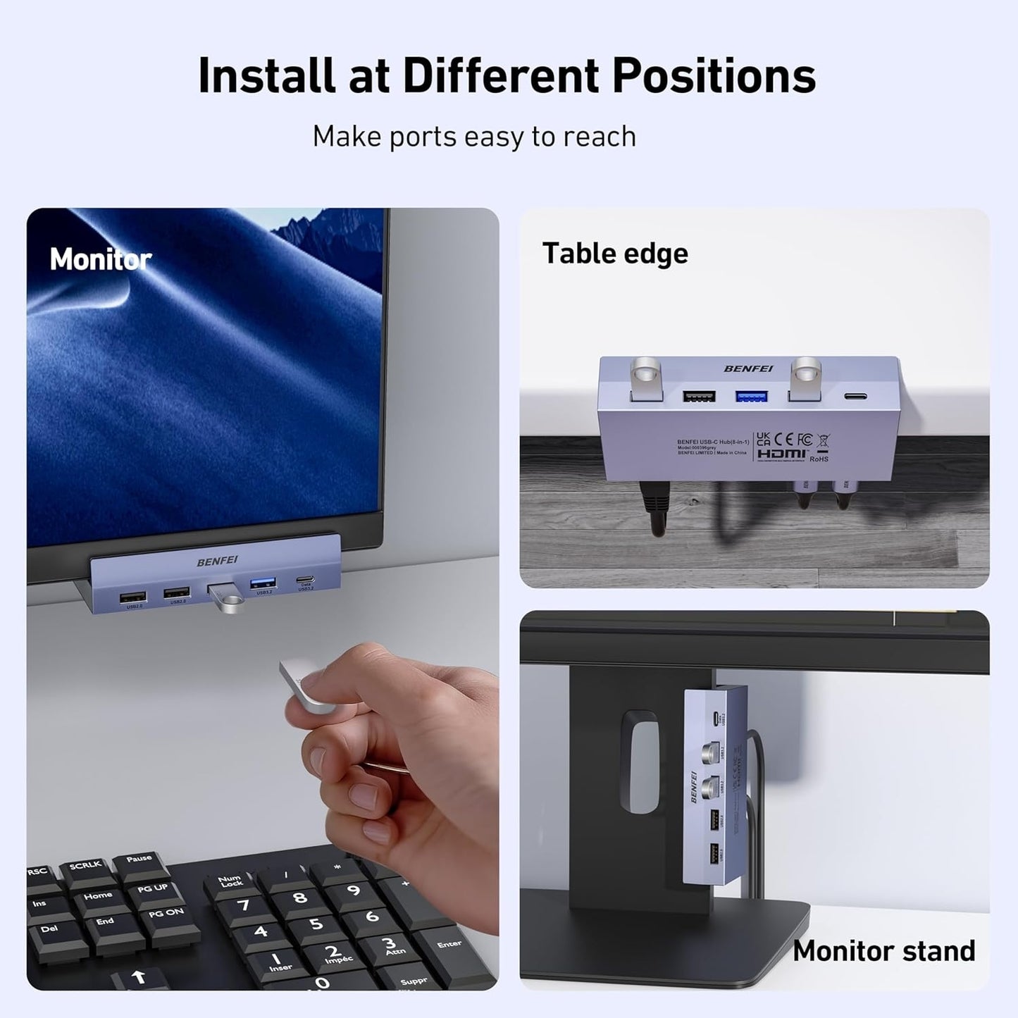 USB hub installation at different positions with monitor, table edge, and monitor stand.