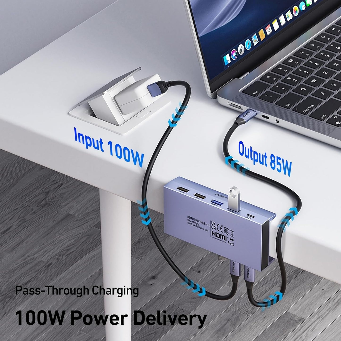 Power adapter with cables connected to a laptop on a desk, showing power delivery details.