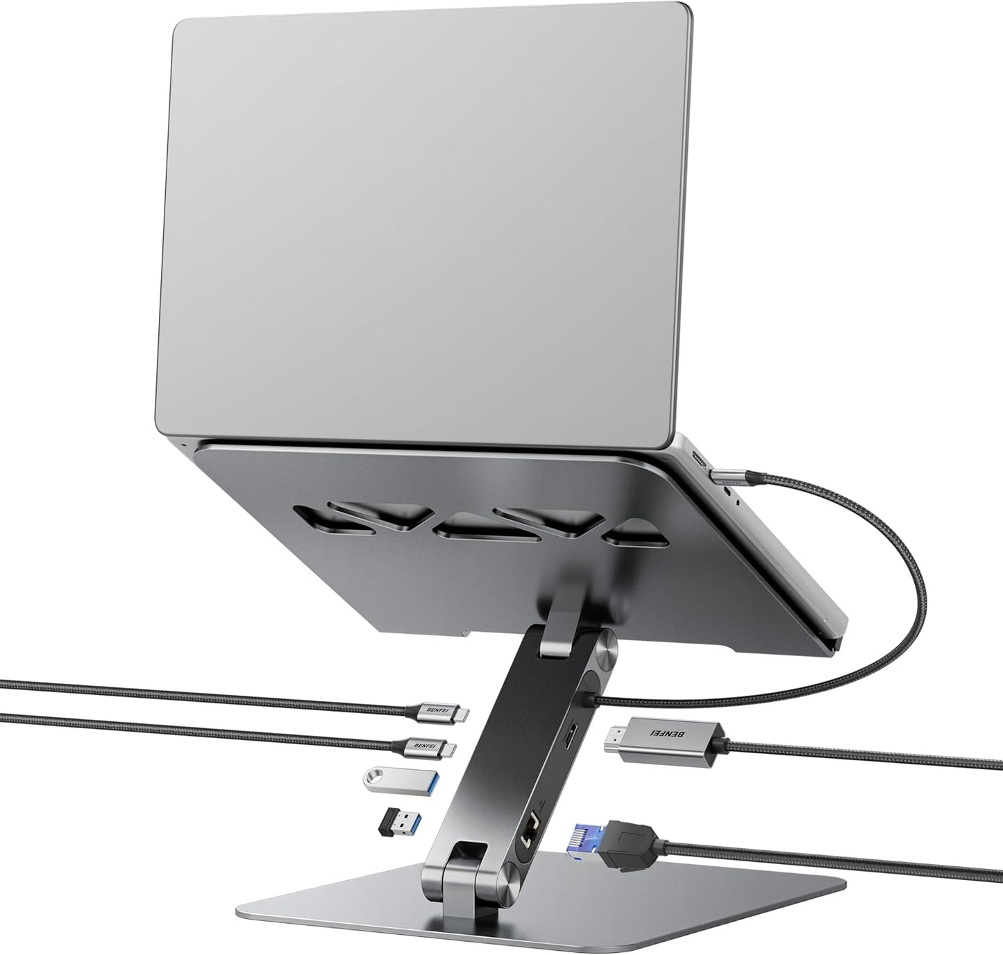 Laptop on a stand with multiple cables connected on a white background