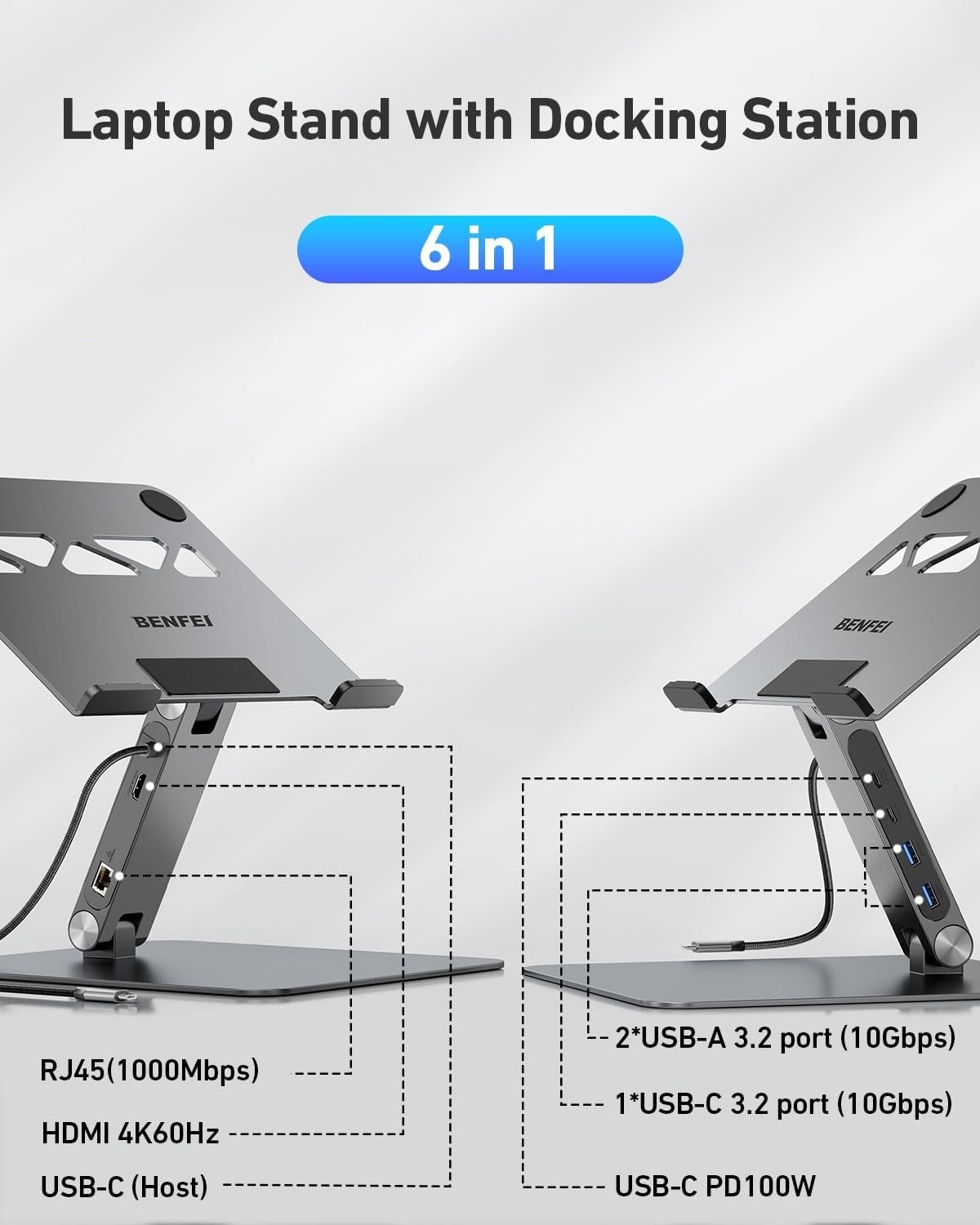 Laptop stand with docking station featuring BENFEI branding on a light gray background.