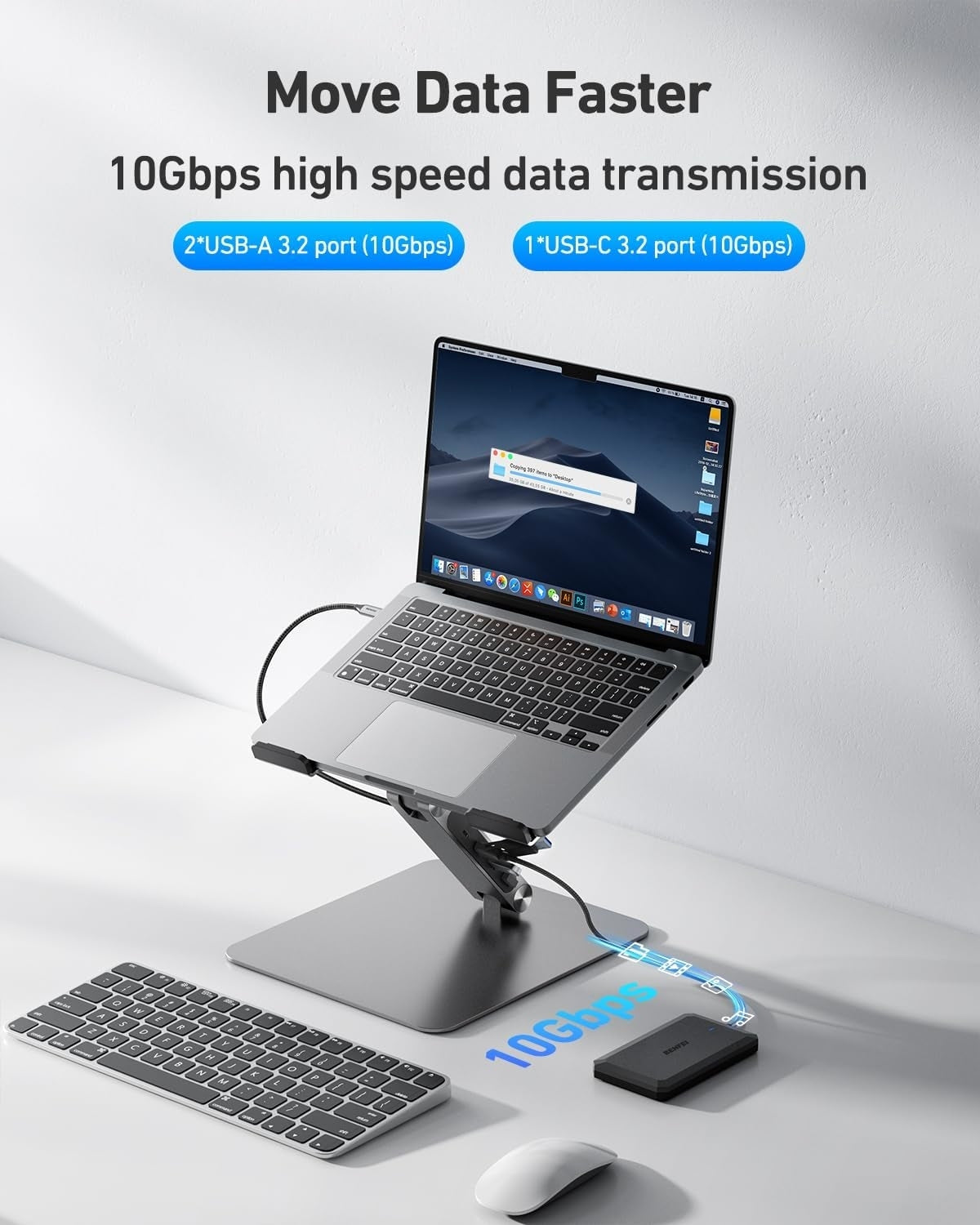 Laptop with USB-C device on a stand, highlighting high-speed data transmission capabilities.