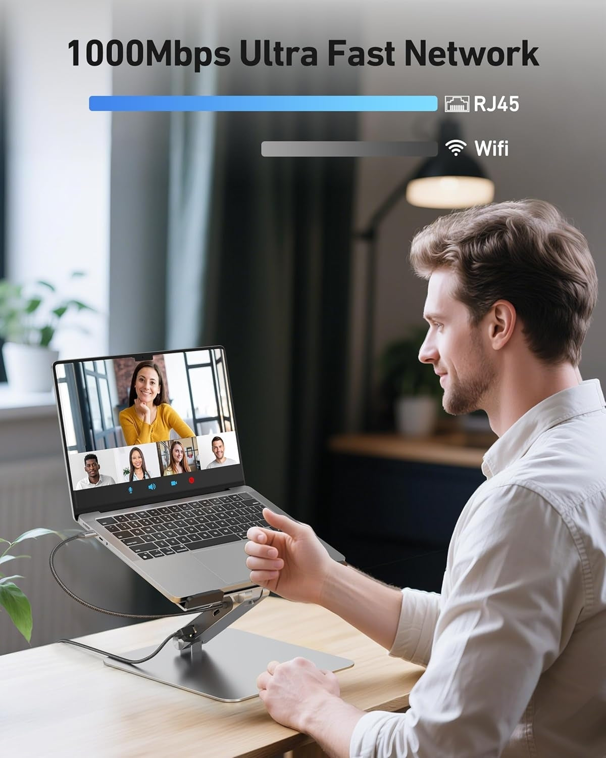 Man using a laptop for a video call with a 1000Mbps ultra-fast network graphic.