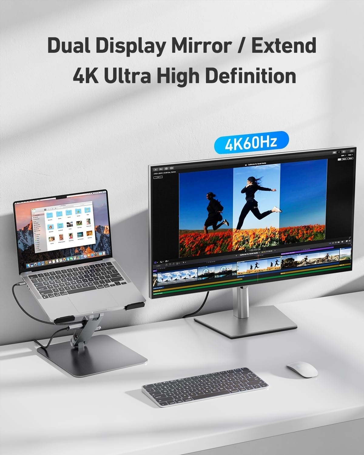 Laptop and monitor setup with dual display mirror feature on a white background