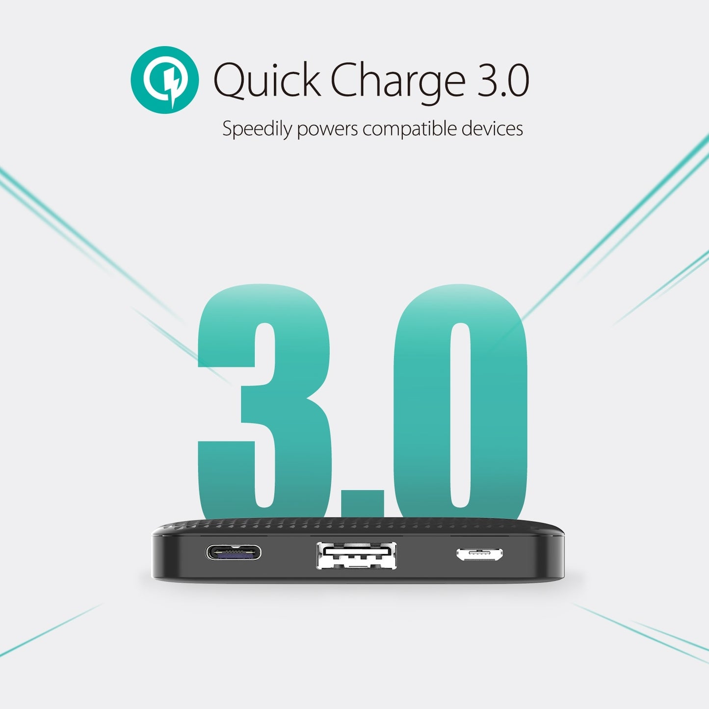 Quick Charge 3.0 charging adapter with charging ports on a light gray background