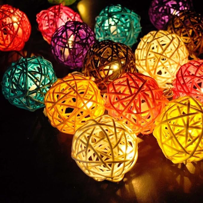 1 Set of Multi Coloured 5cm Rattan Cane 20 Ball Battery Powered 3m String Lights Christmas Gift Home Wedding Party Bedroom De