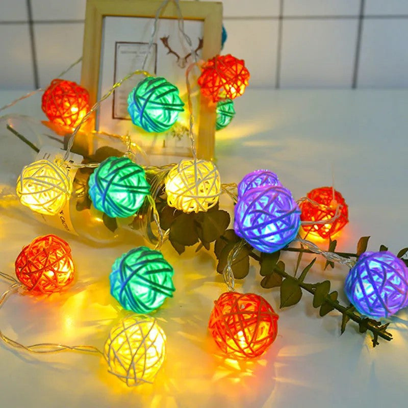1 Set of Multi Coloured 5cm Rattan Cane 20 Ball Battery Powered 3m String Lights Christmas Gift Home Wedding Party Bedroom De