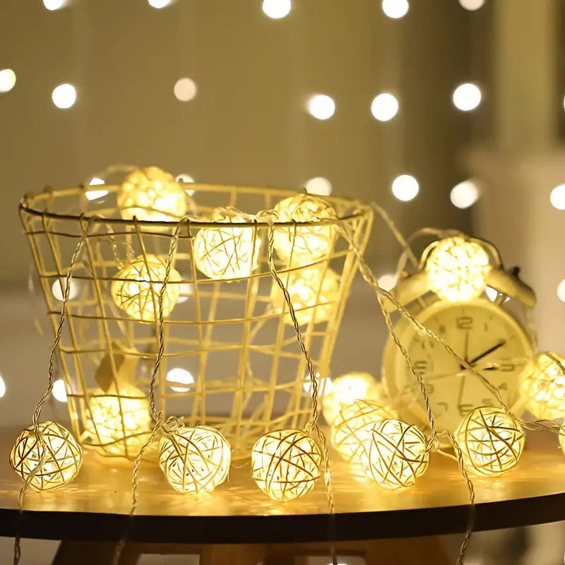 1 Set of Yellow 5cm Rattan Cane 50 Ball Battery Power LONG 5m String Lights Christmas Gift Home Wedding Party Bedroom Decorat