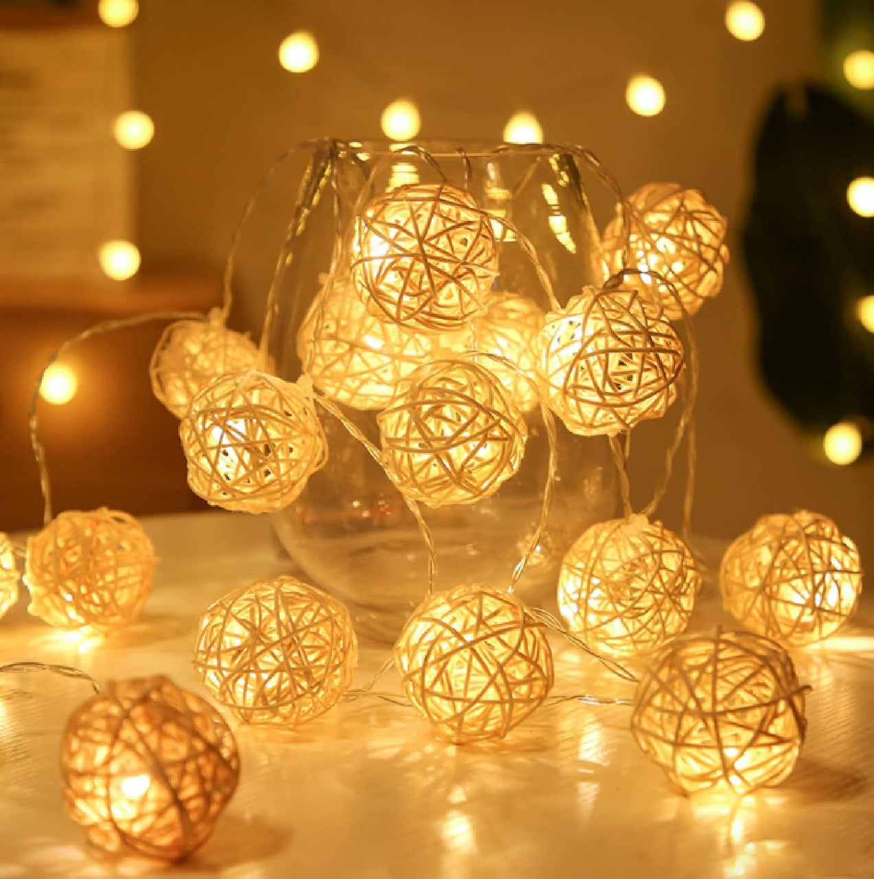 1 Set of Yellow 5cm Rattan Cane 50 Ball Battery Power LONG 5m String Lights Christmas Gift Home Wedding Party Bedroom Decorat