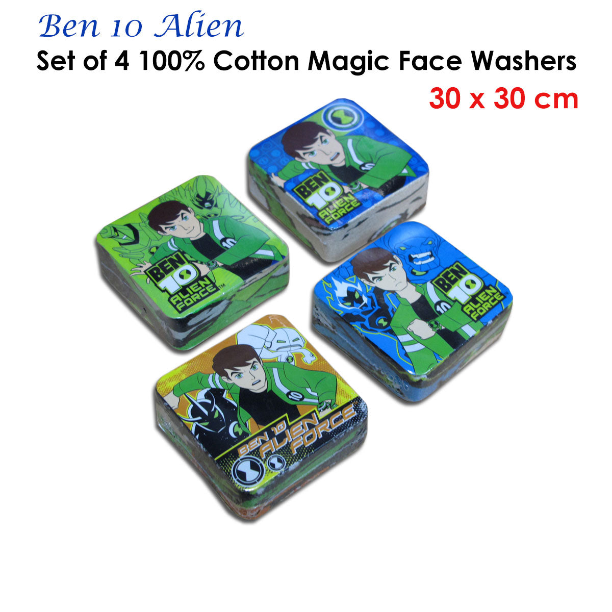 Set of 4 Ben 10 Alien Force cotton magic face washers on a white background
