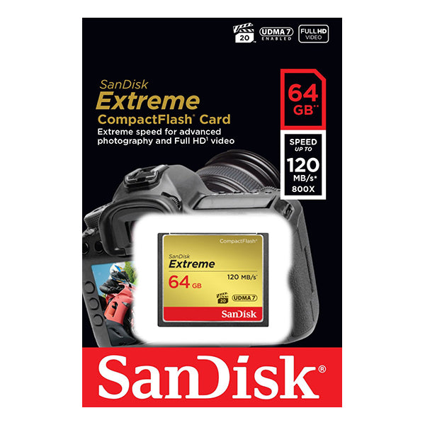 SanDisk Extreme CompactFlash card packaging with camera and card image on a black background