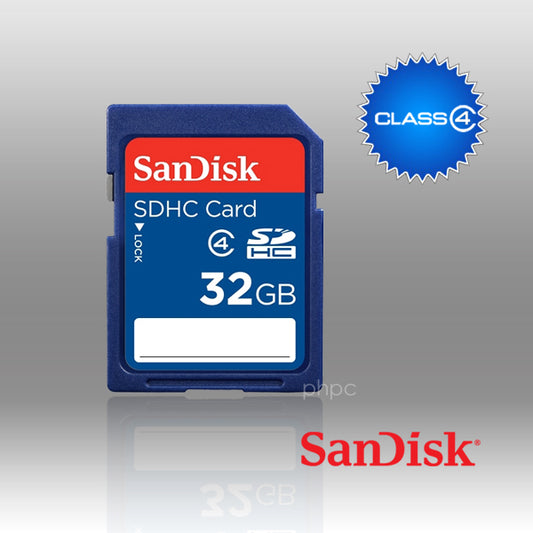 SanDisk SDHC card with Class 4 rating on a gray background