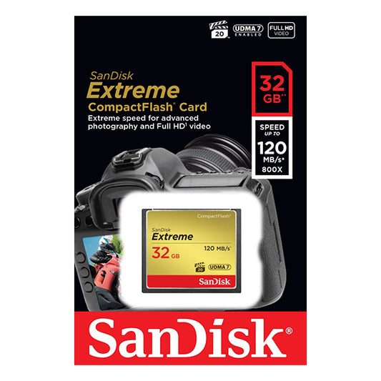SanDisk Extreme CompactFlash card packaging with camera and card image
