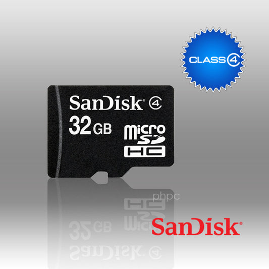 SanDisk microSDHC card with Class 4 rating on a reflective surface