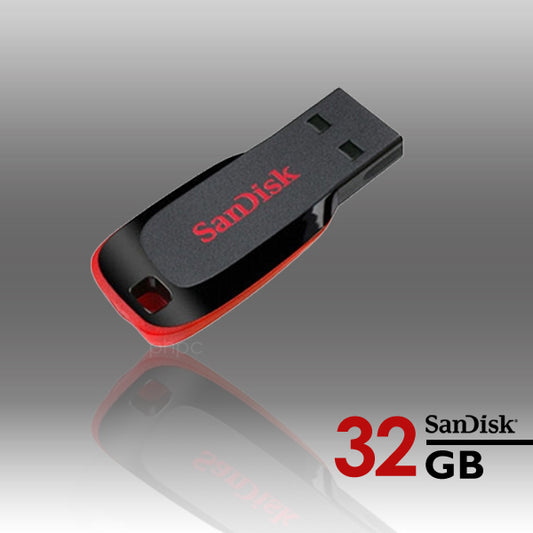 SanDisk USB flash drive with 32GB capacity on a reflective surface.