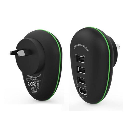 Black USB charging station with green accents on a white background