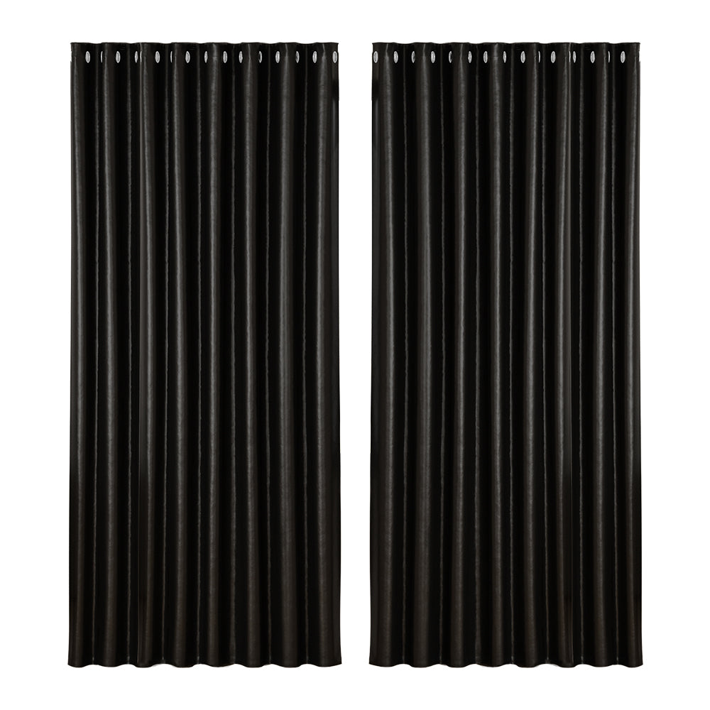 Artiss 2X Blockout Curtains Eyelet 300x230cm Black Shine - Image 1