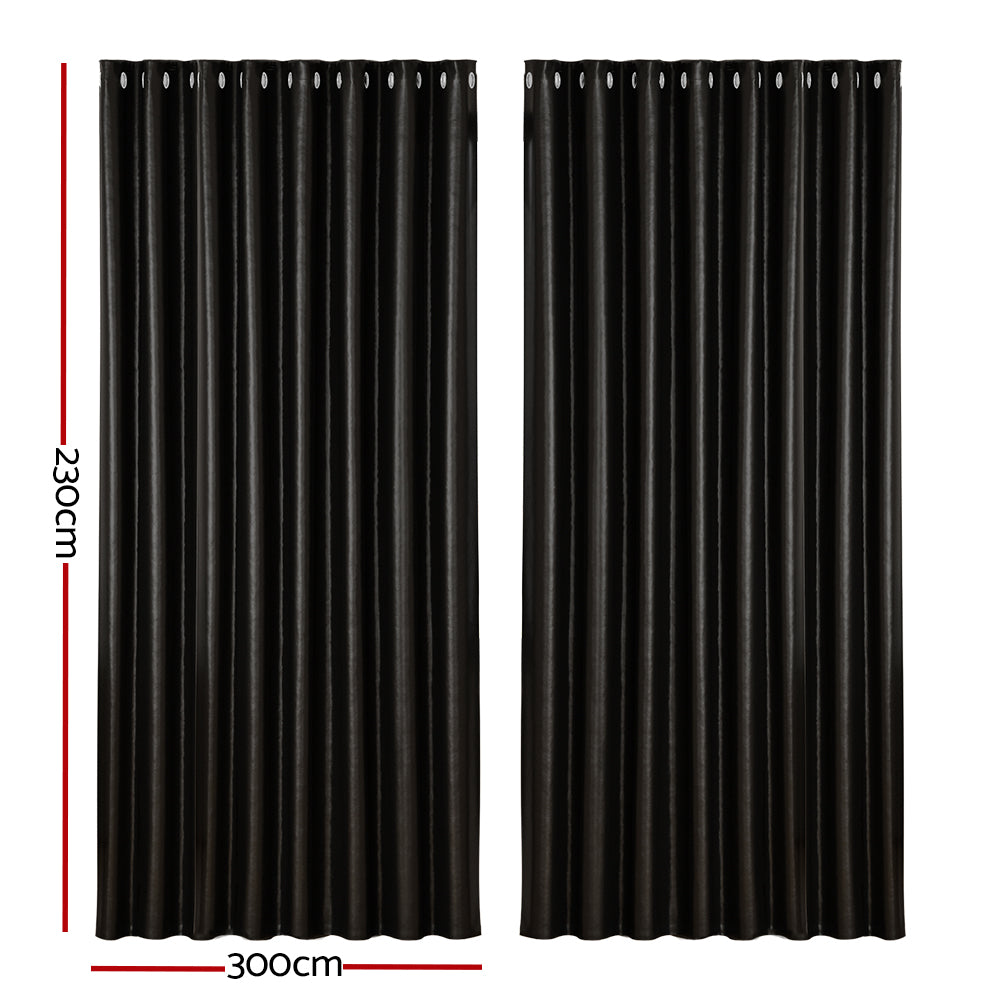 Artiss 2X Blockout Curtains Eyelet 300x230cm Black Shine - Image 2