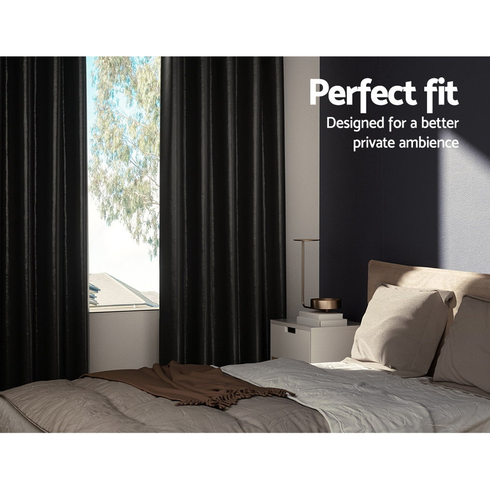Artiss 2X Blockout Curtains Eyelet 300x230cm Black Shine - Image 3