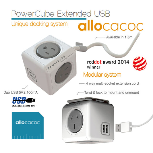 PowerCube Extended USB by Allocacoc with charging cable on a white background