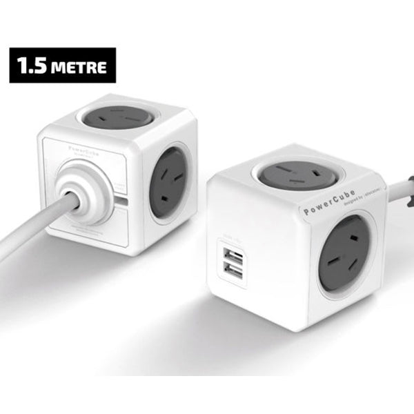 Cube-shaped power strip with multiple outlets and USB ports on a white background