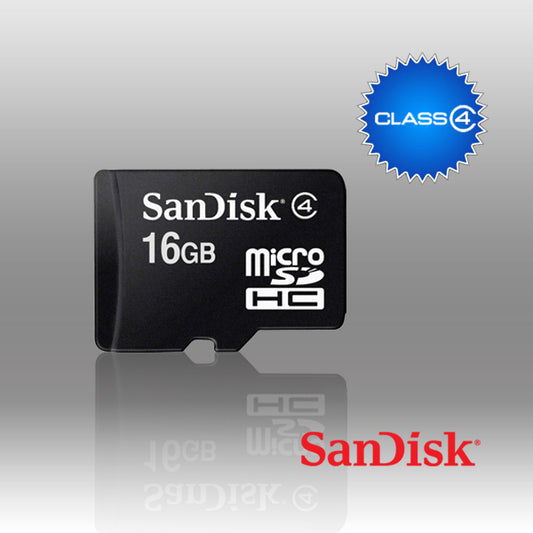 SanDisk microSDHC card with Class 4 rating on a reflective surface