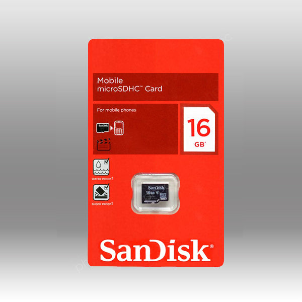 SanDisk microSDHC card packaging with red label on a gray background