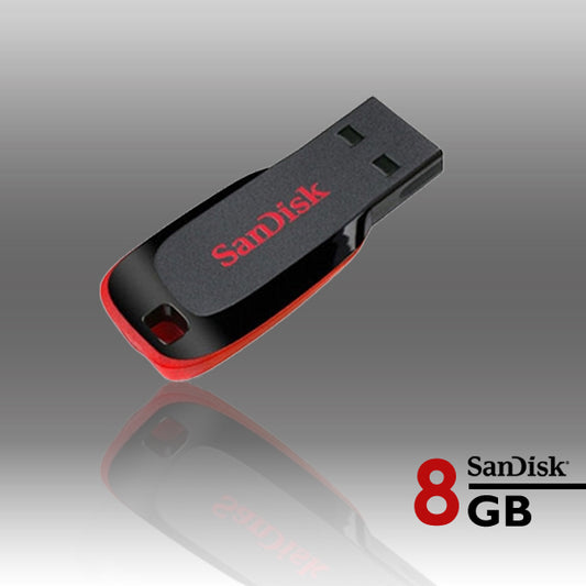 SanDisk USB flash drive with 8GB label on a reflective surface